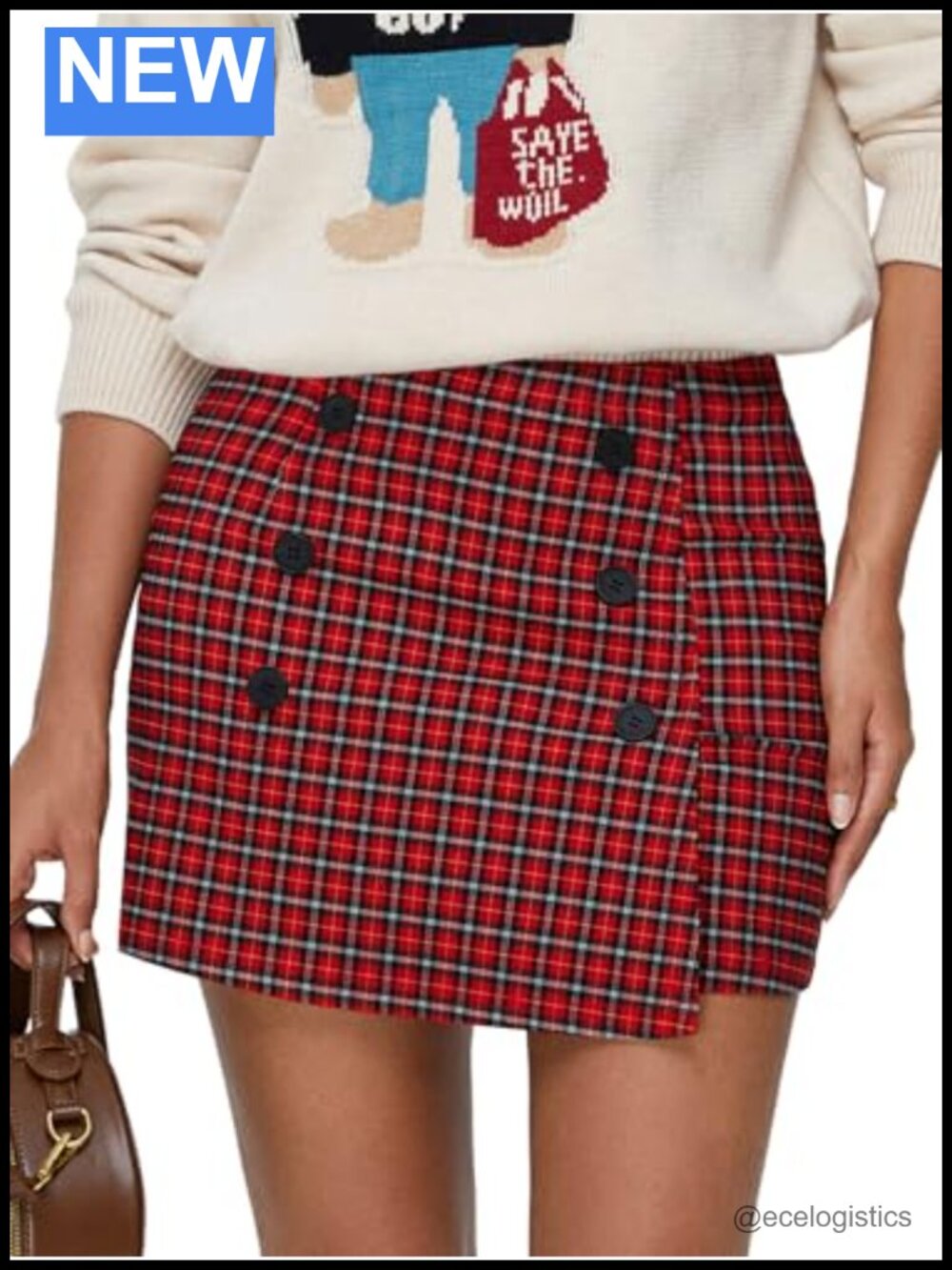 Plaid High Waist Bodycon Mini Skirt Y2K Button Tweed Stretch
